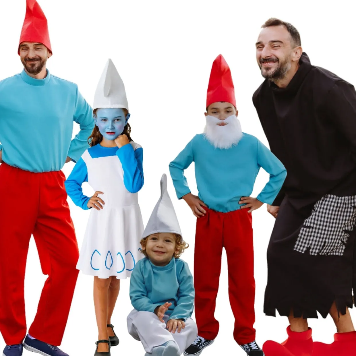 Disfraces en grupo de Duendes Azules y Brujo