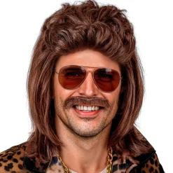 Peluca Marrón Mullet con Bigote