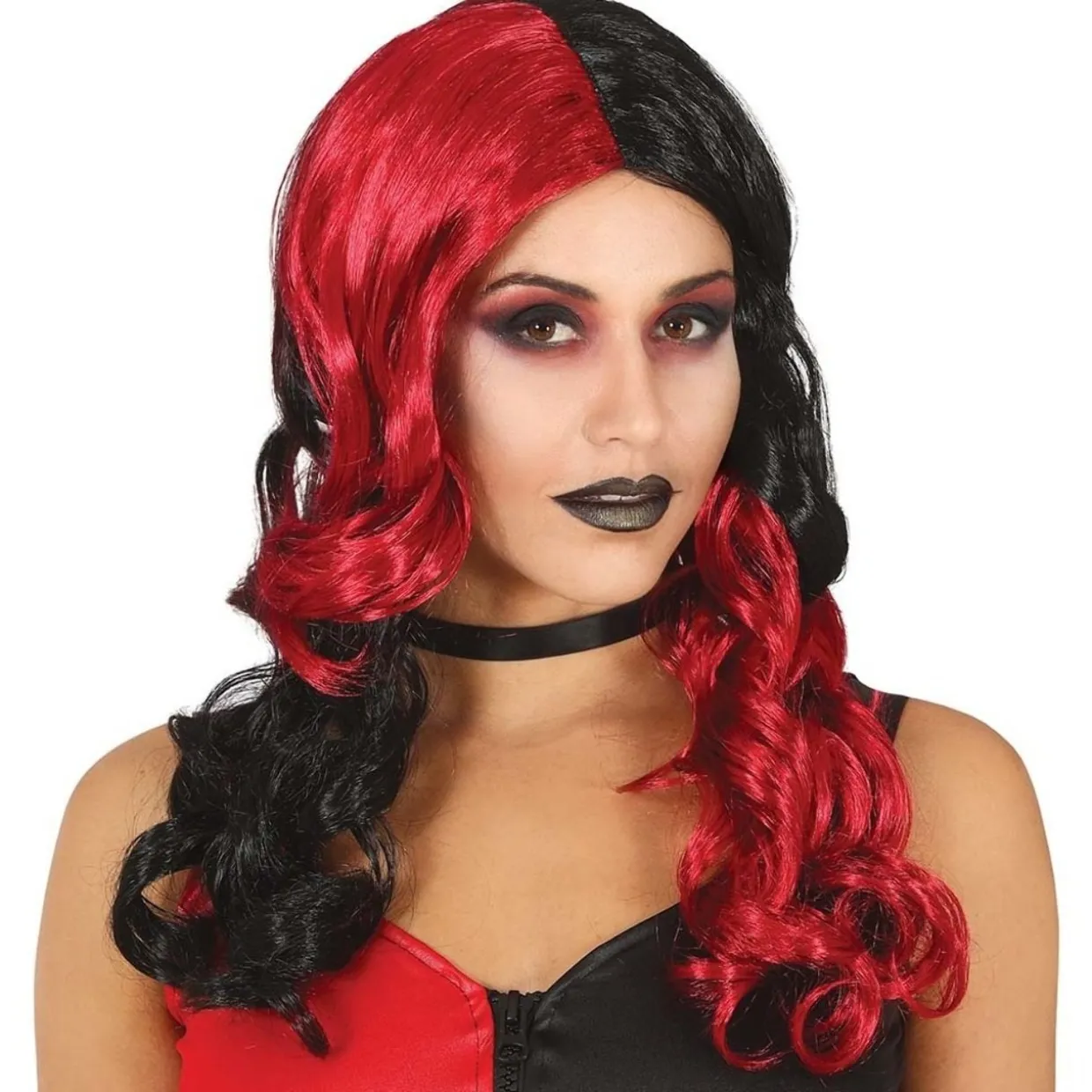 Peluca Ondulada Negra y Roja