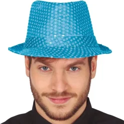 Sombrero de Gangster Azul Claro Lentejuelas Eco